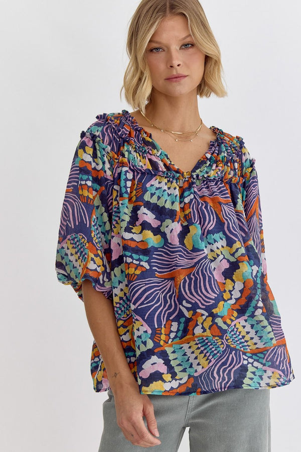 Entro Printed v-neck Half Sleeve top featuring shirring detail at front and back