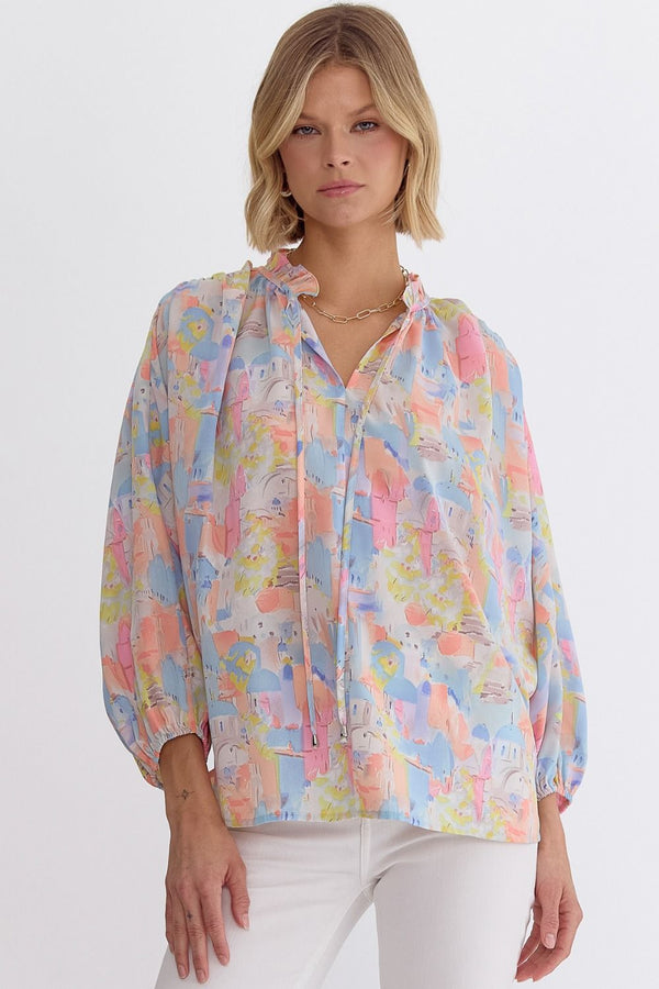 Entro Printed v-neck 3/4 Sleeve Top w/ruffle detail at neck
