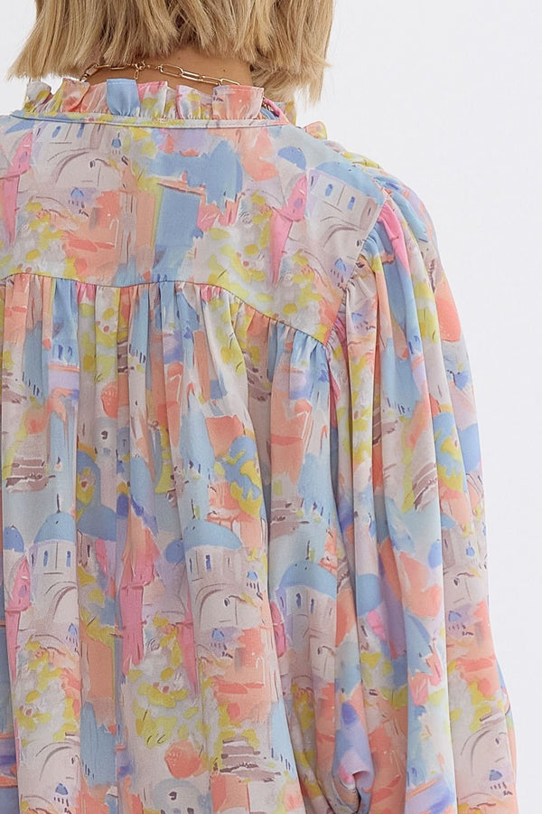 Entro Printed v-neck 3/4 Sleeve Top w/ruffle detail at neck