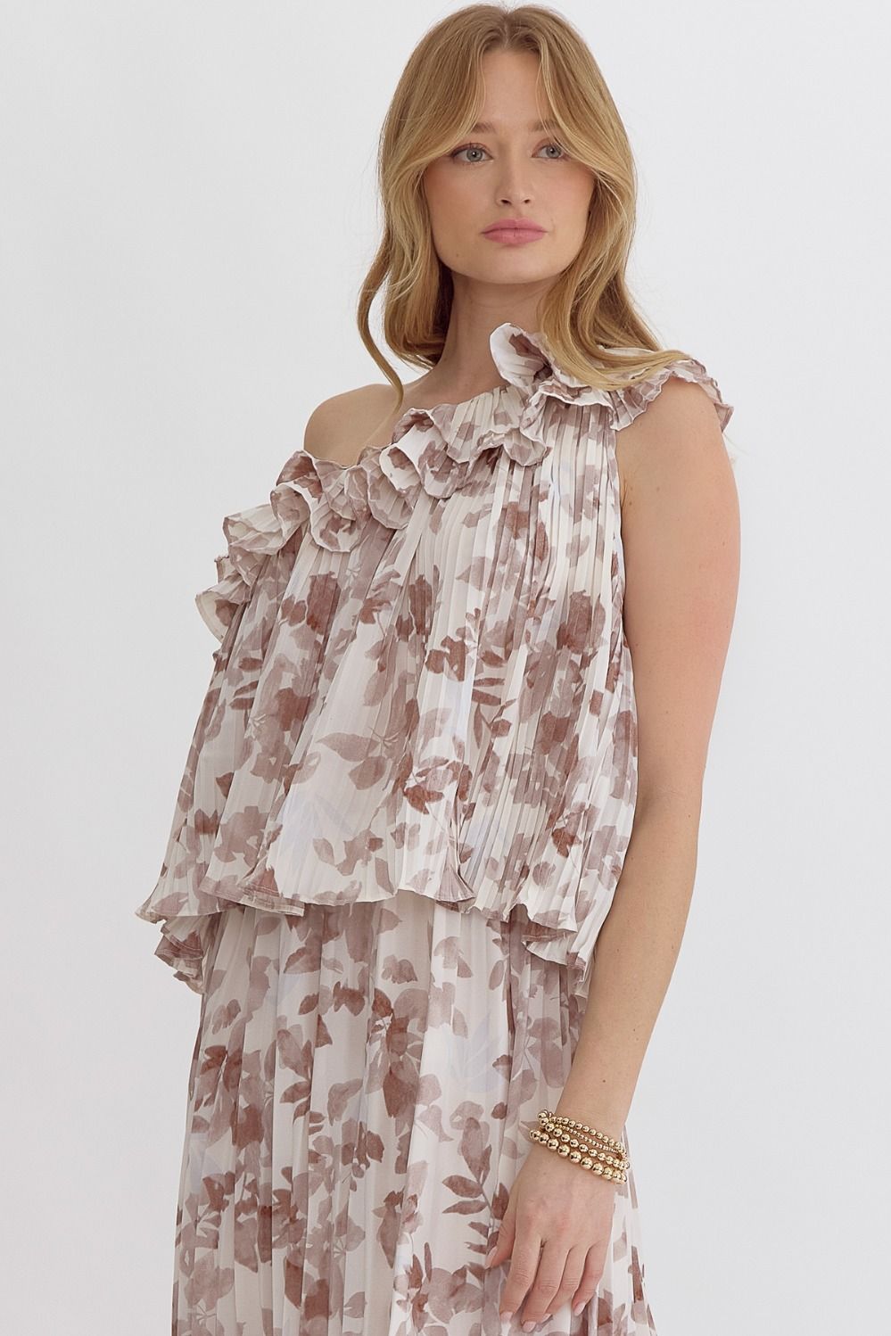 Leaf Print One shoulder pleated top