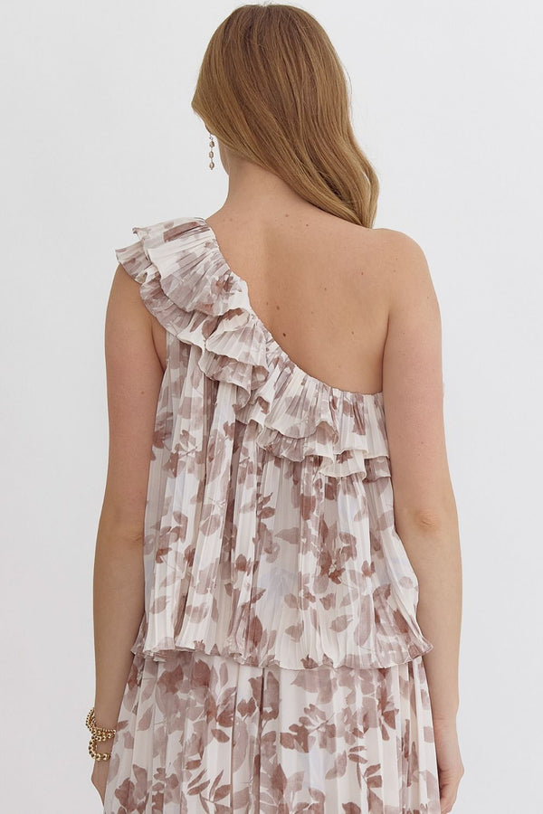 Leaf Print One shoulder pleated top