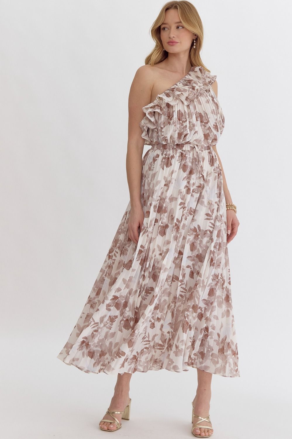 Leaf Print One shoulder pleated top