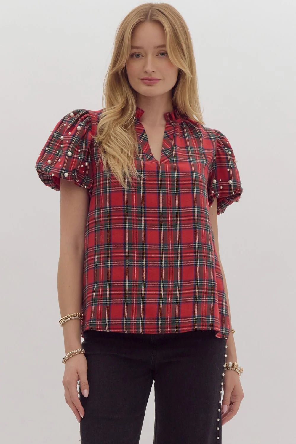 Holiday Plaid Pearl Top - Blush & Cactus