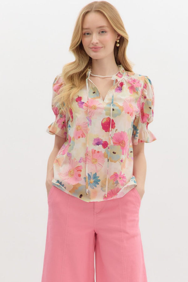 Entro Floral print Smocked Short Sleeve pullover top