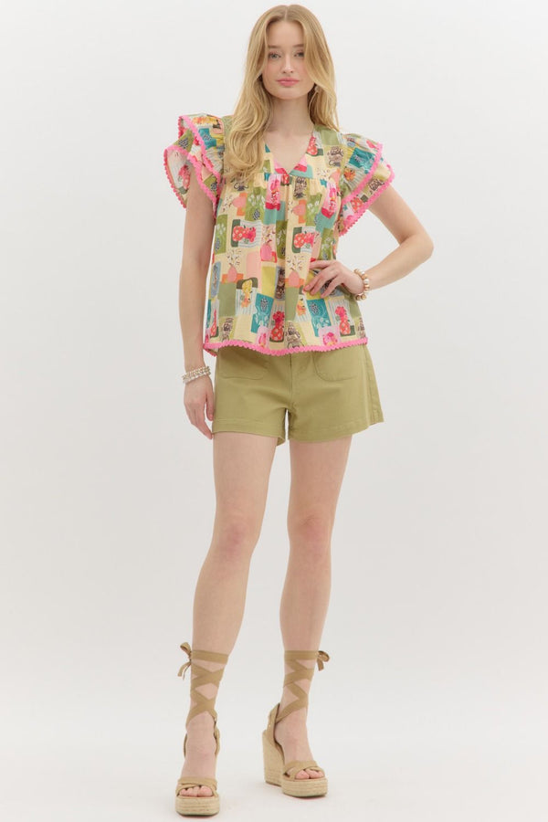 Entro Abstract Floral print V-neck pullover top