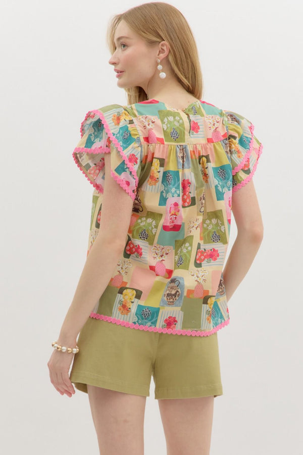 Entro Abstract Floral print V-neck pullover top