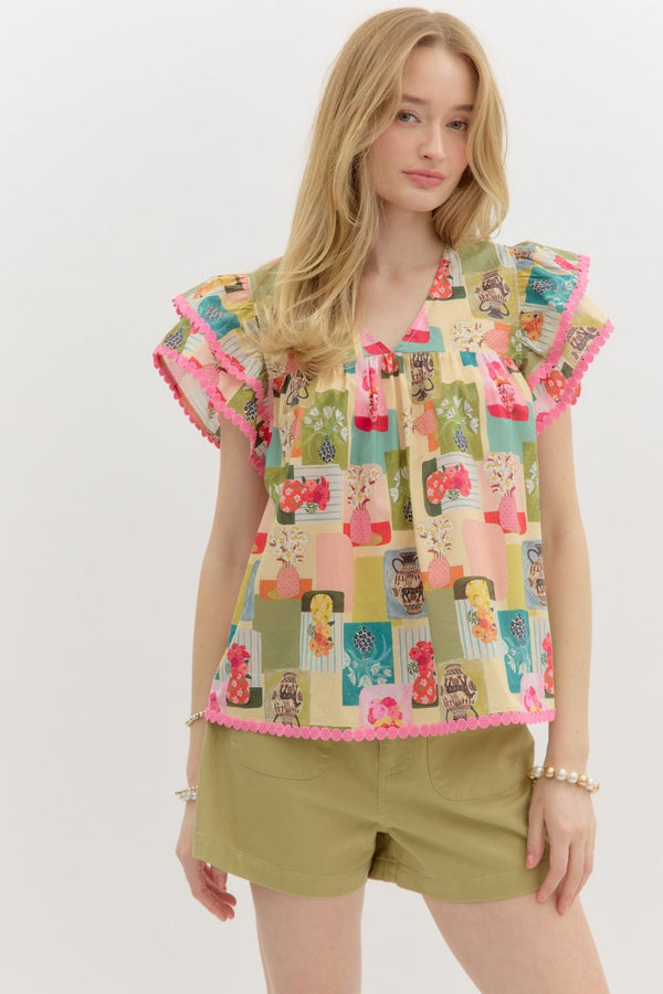 Entro Abstract Floral print V-neck pullover top