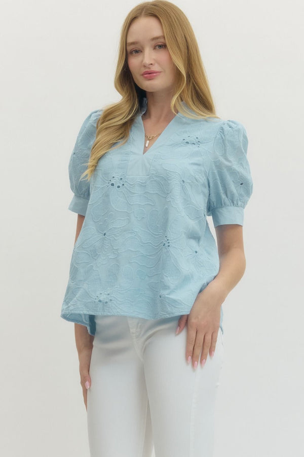 Entro Floral Embroidered Short Puff Sleeve Pullover Top - Blush & Cactus