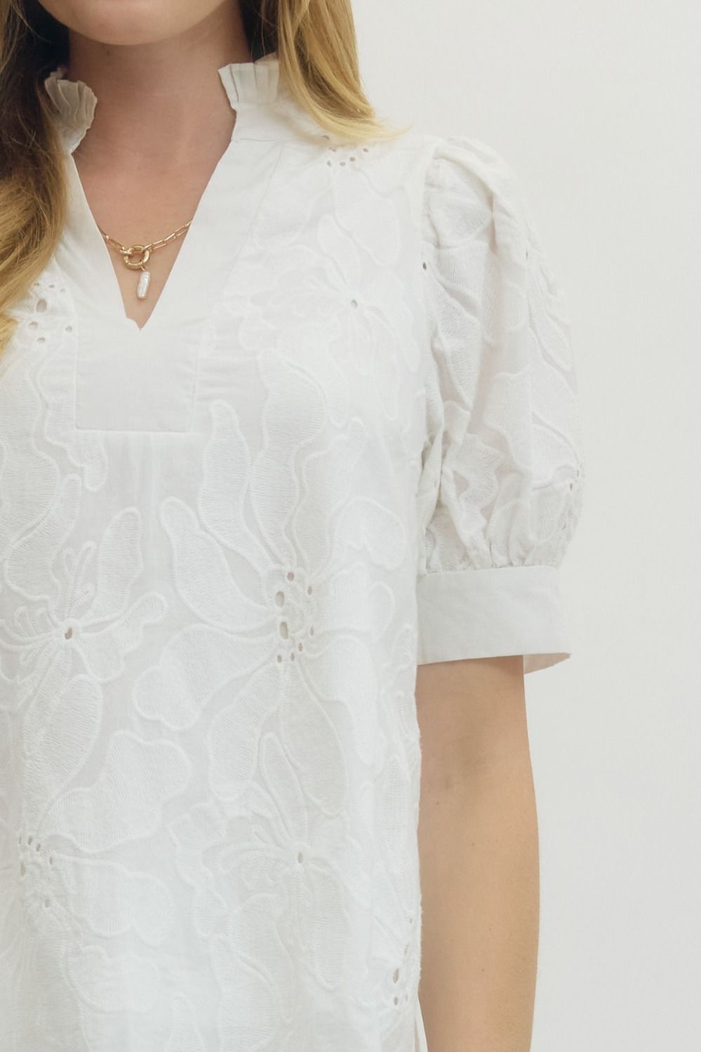 Entro Floral Embroidered Short Puff Sleeve Pullover Top - Blush & Cactus