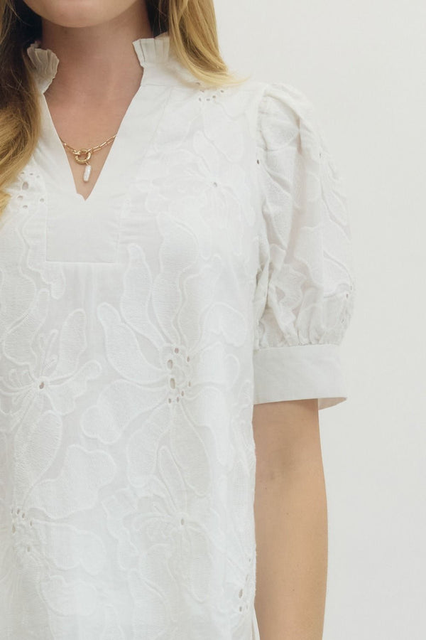 Entro Floral Embroidered Short Puff Sleeve Pullover Top - Blush & Cactus