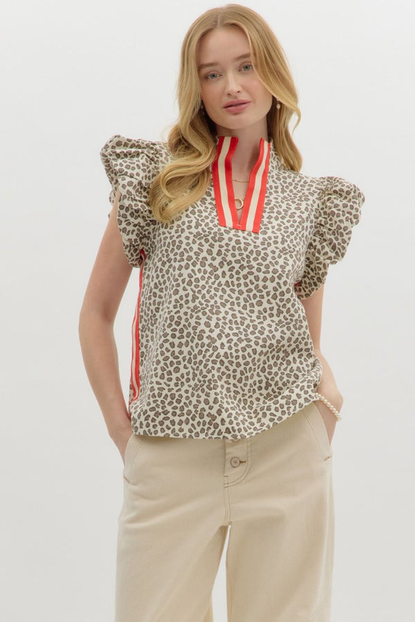 Entro Leopard Print Bubble Flutter sleeve top