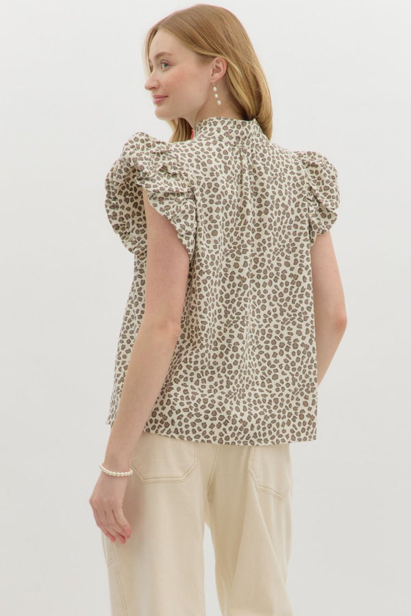 Entro Leopard Print Bubble Flutter sleeve top
