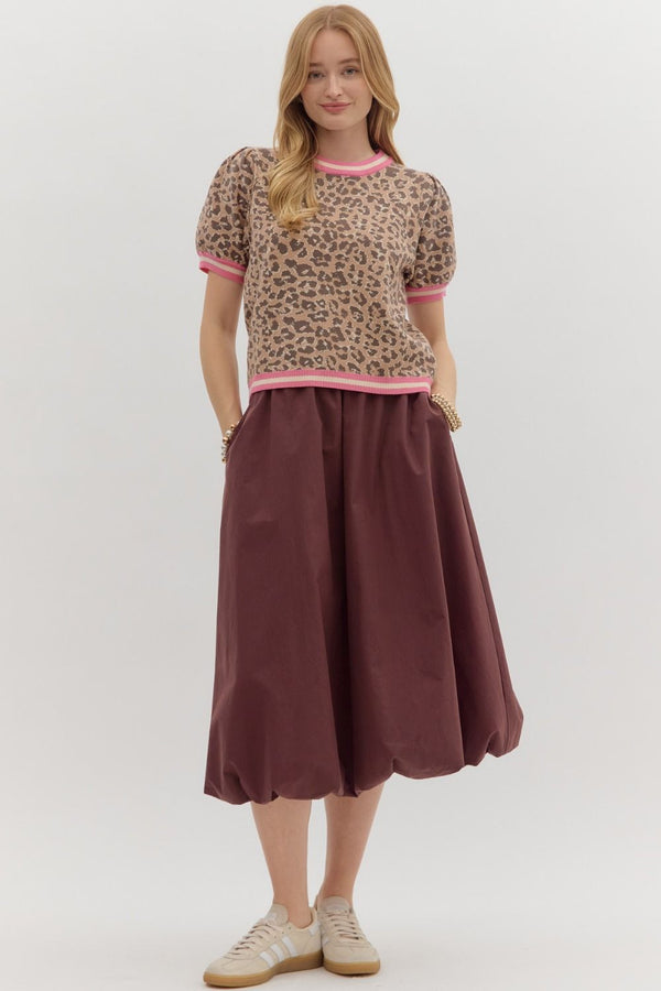 Entro Leopard pattern short puff sleeve featuring multicolor accent band