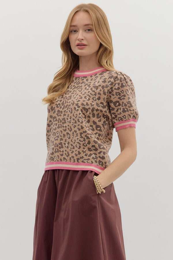 Entro Leopard pattern short puff sleeve featuring multicolor accent band