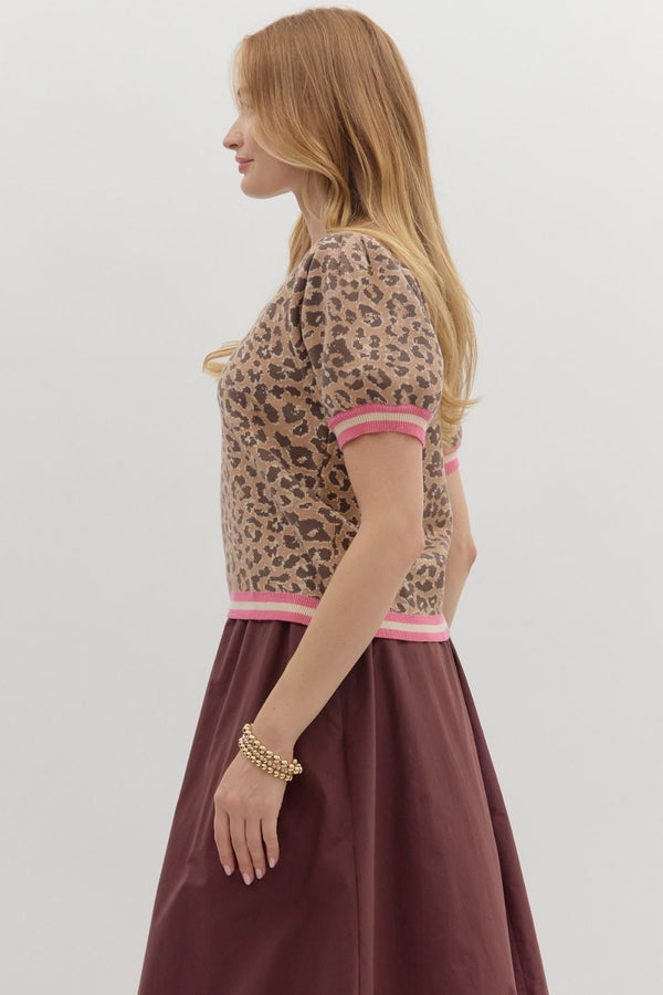 Entro Leopard pattern short puff sleeve featuring multicolor accent band