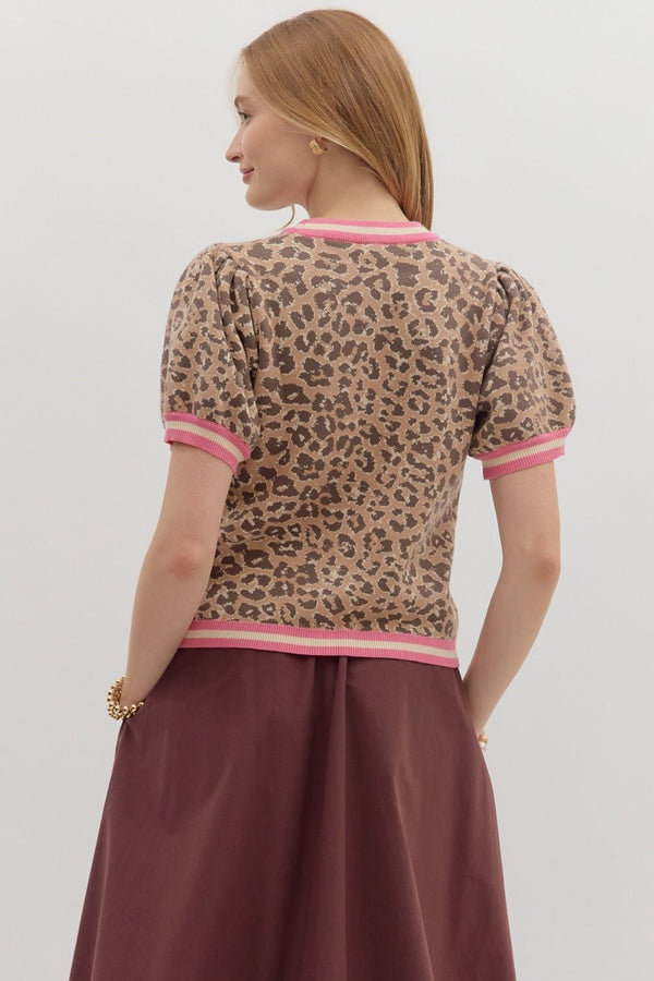 Entro Leopard pattern short puff sleeve featuring multicolor accent band