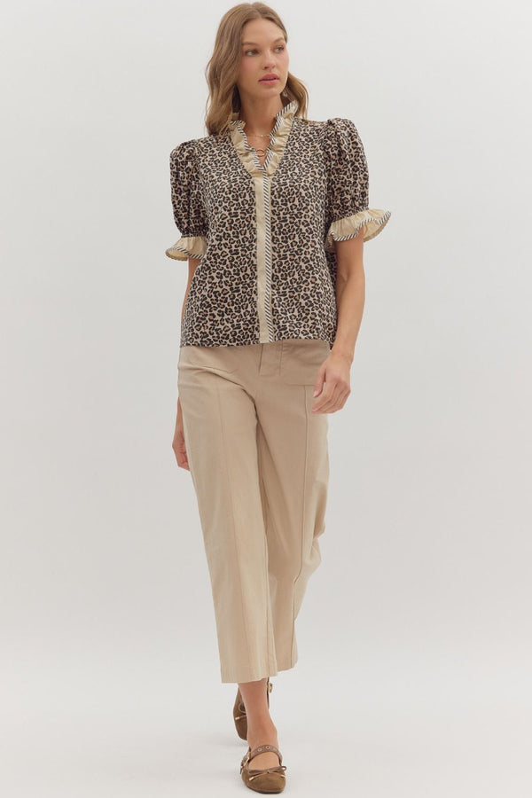 Entro Leopard Print Puff Sleeve Top - Blush & Cactus