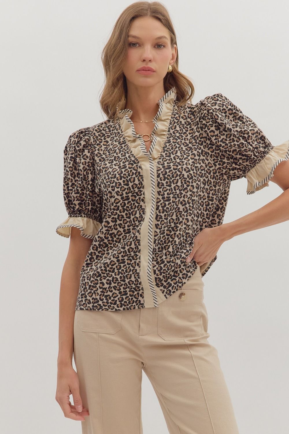 Entro Leopard Print Puff Sleeve Top - Blush & Cactus