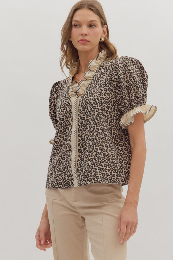 Entro Leopard Print Puff Sleeve Top - Blush & Cactus