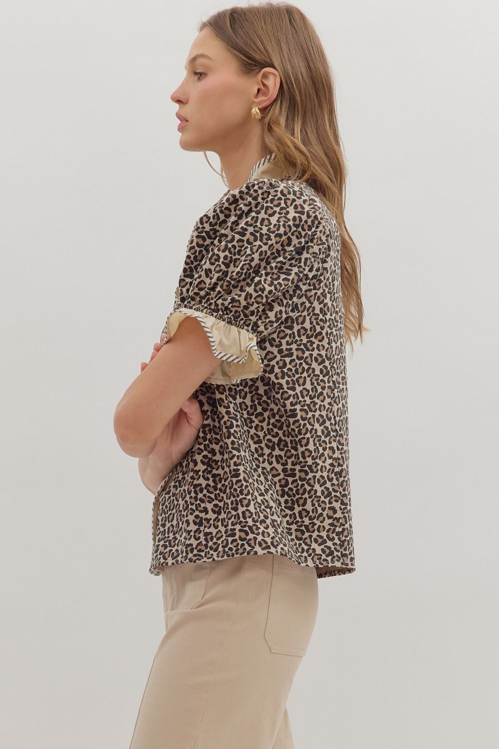 Entro Leopard Print Puff Sleeve Top - Blush & Cactus
