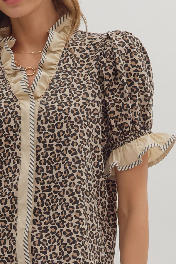 Entro Leopard Print Puff Sleeve Top - Blush & Cactus
