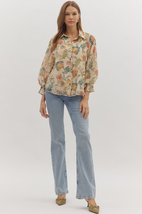 Entro Floral Print 3/4 sleeve button - down top - Blush & Cactus