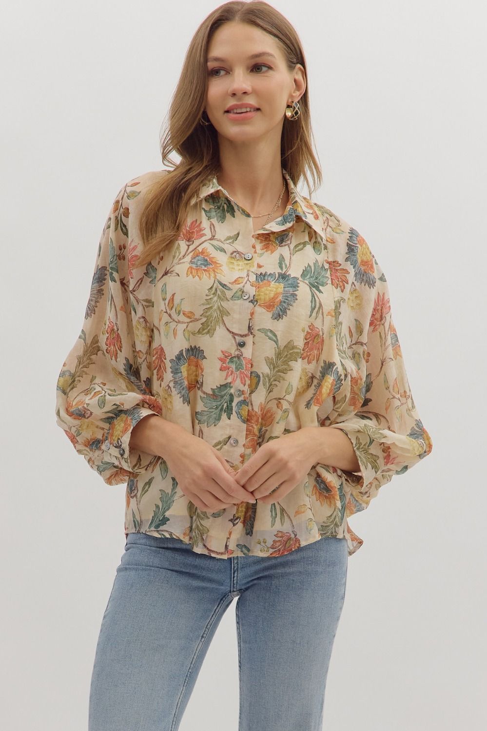 Entro Floral Print 3/4 sleeve button - down top - Blush & Cactus