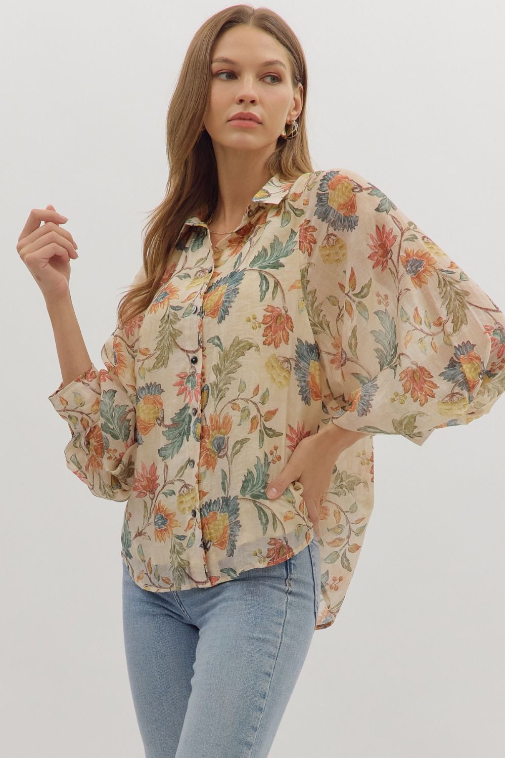 Entro Floral Print 3/4 sleeve button - down top - Blush & Cactus