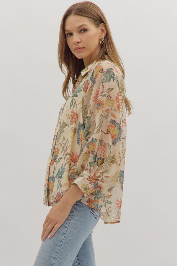 Entro Floral Print 3/4 sleeve button - down top - Blush & Cactus