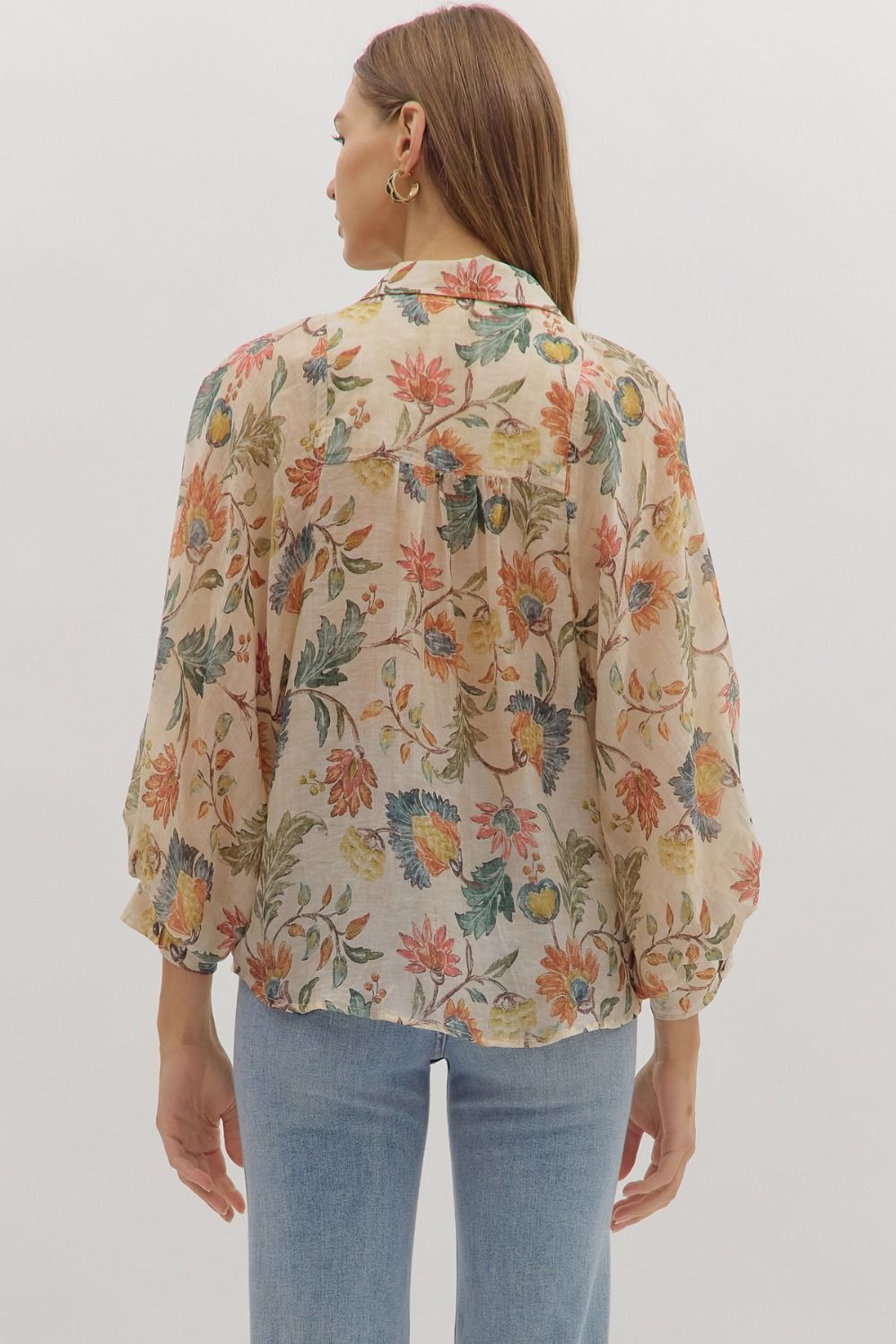 Entro Floral Print 3/4 sleeve button - down top - Blush & Cactus
