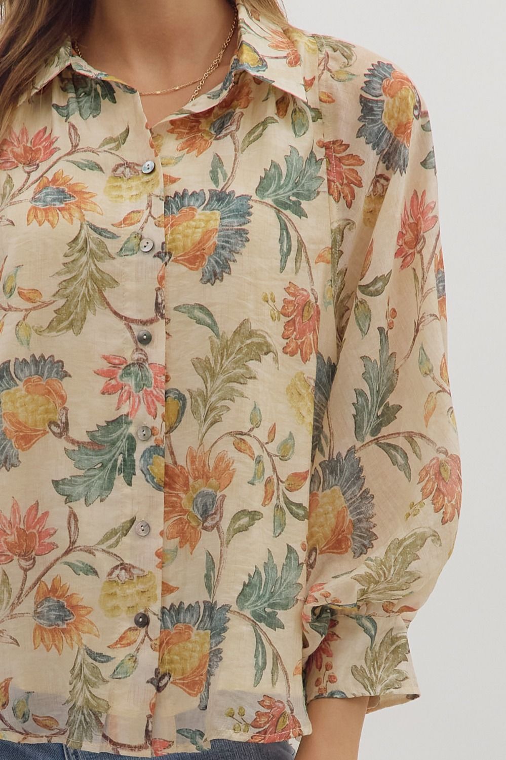 Entro Floral Print 3/4 sleeve button - down top - Blush & Cactus