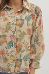 Entro Floral Print 3/4 sleeve button - down top - Blush & Cactus