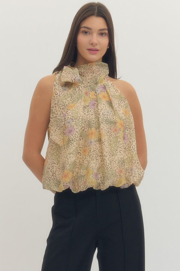 Entro Floral and animal mixed print sleeveless halter top - Blush & Cactus