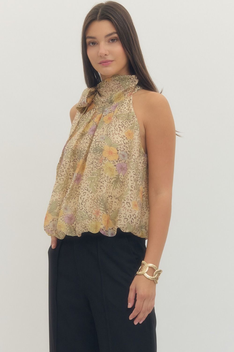 Entro Floral and animal mixed print sleeveless halter top - Blush & Cactus