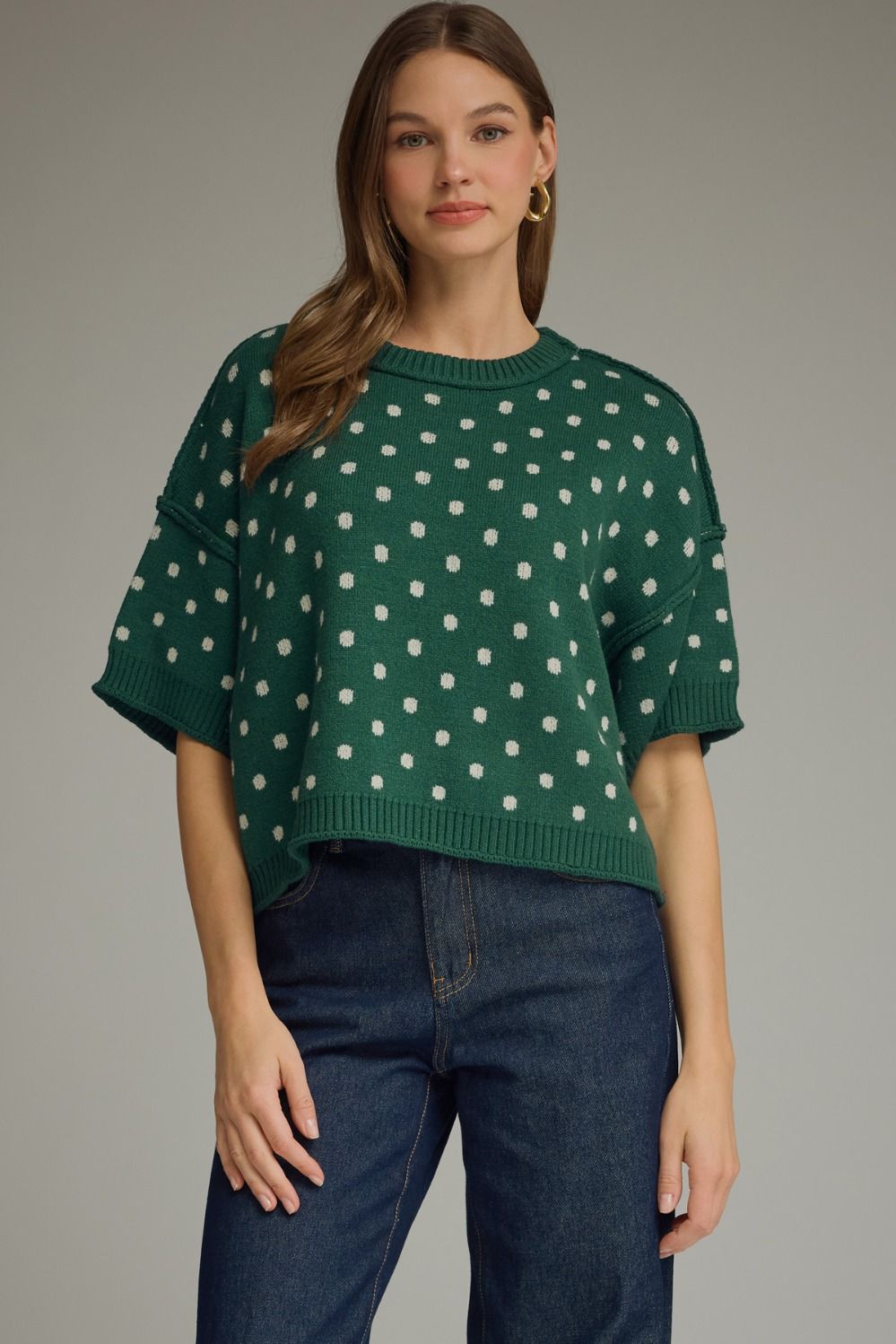 Entro Polka Dot round Neck Short Sleeve Sweater Top