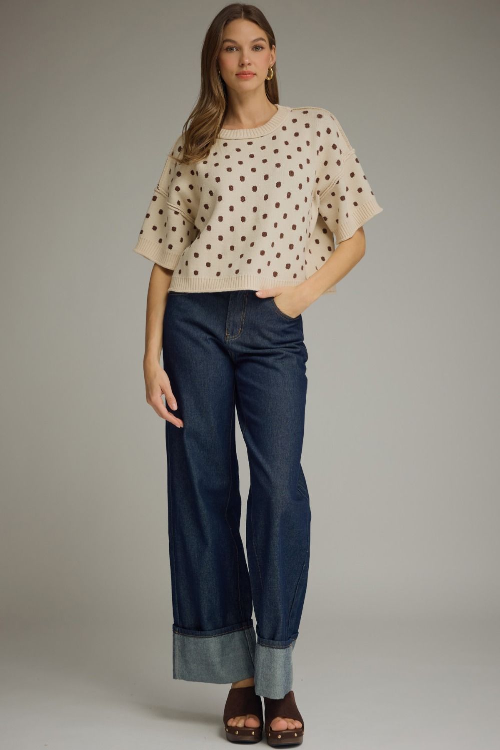 Entro Polka Dot Round Neck Sweater top