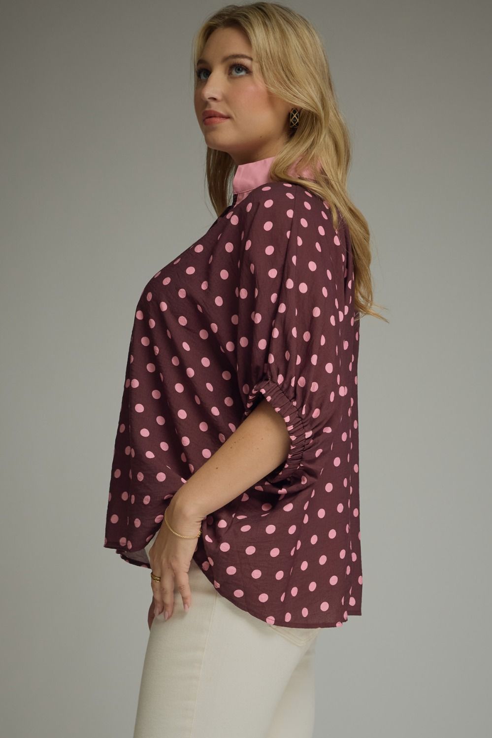 Polka Dot Short Dolman Sleeve Top - Blush & Cactus