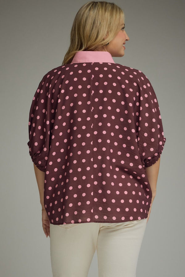 Polka Dot Short Dolman Sleeve Top - Blush & Cactus