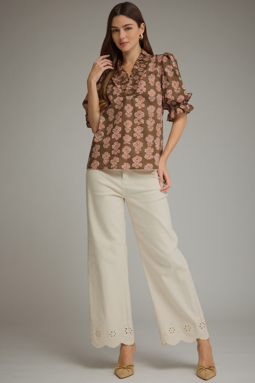 Entro Floral Print Short Puff Sleeve Top
