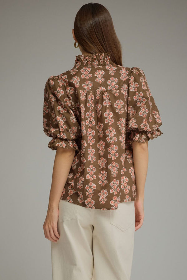 Entro Floral Print Short Puff Sleeve Top