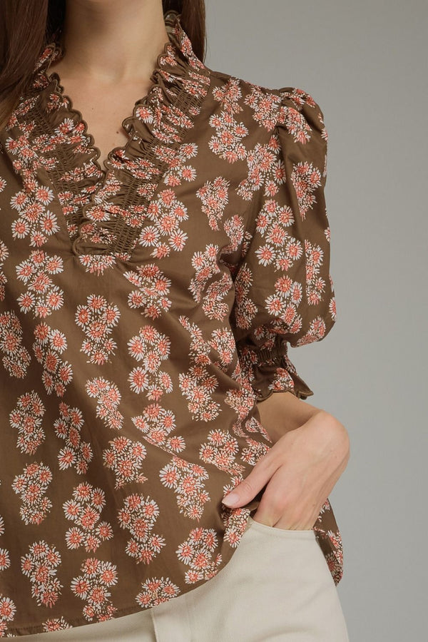Entro Floral Print Short Puff Sleeve Top