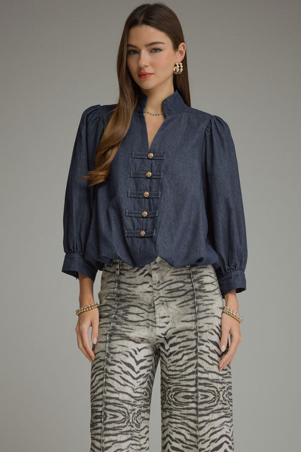 Entrol Solid 3/4 Balloon sleeve Denim Top