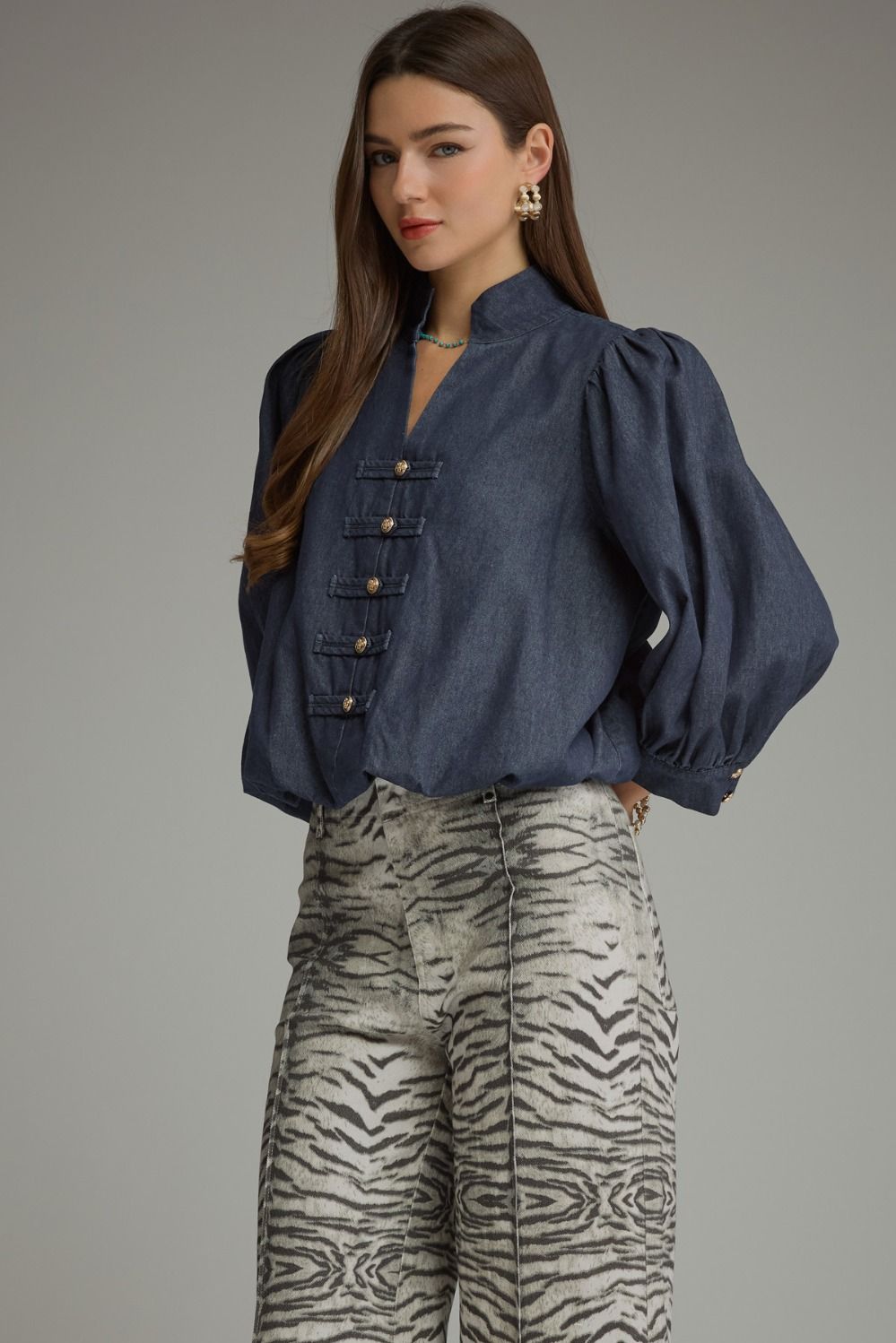 Entrol Solid 3/4 Balloon sleeve Denim Top