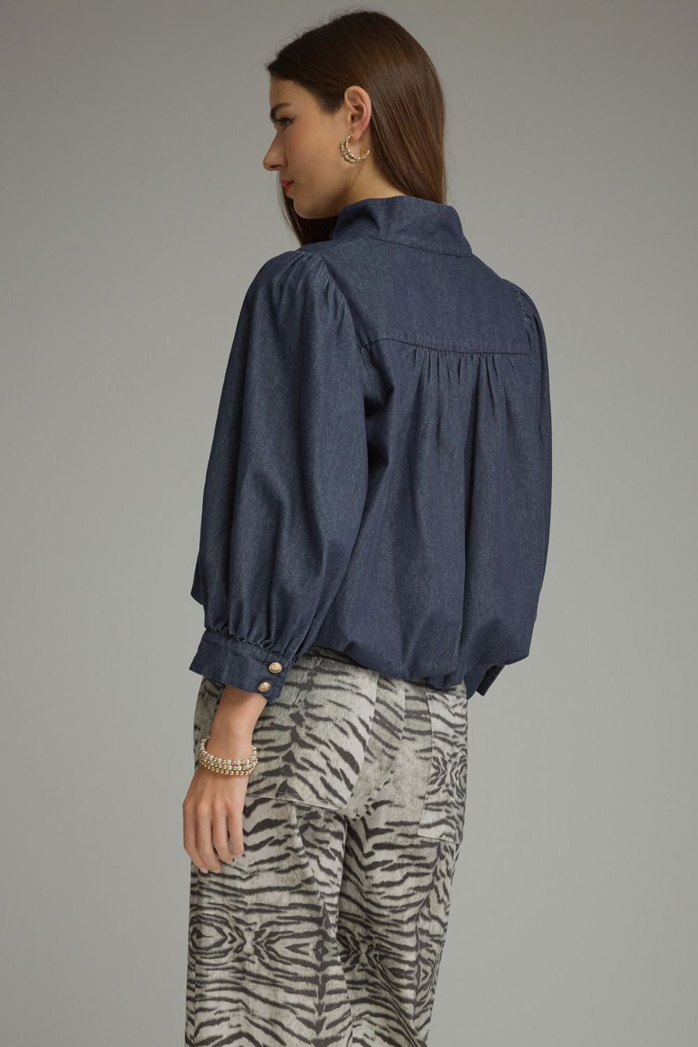 Entrol Solid 3/4 Balloon sleeve Denim Top