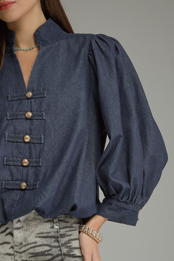 Entrol Solid 3/4 Balloon sleeve Denim Top