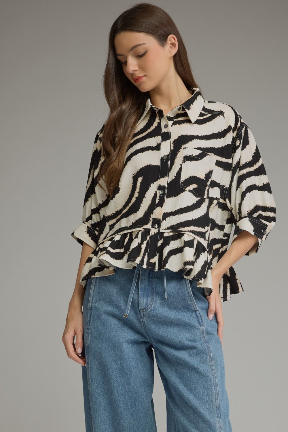 Entro Abstract Zebra Print 3/4 sleeve top - Blush & Cactus