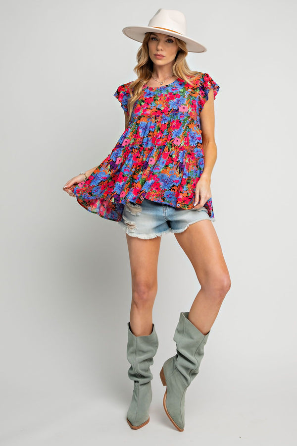 Challis Floral Printed Babydoll Ruffle Top -2 Colors