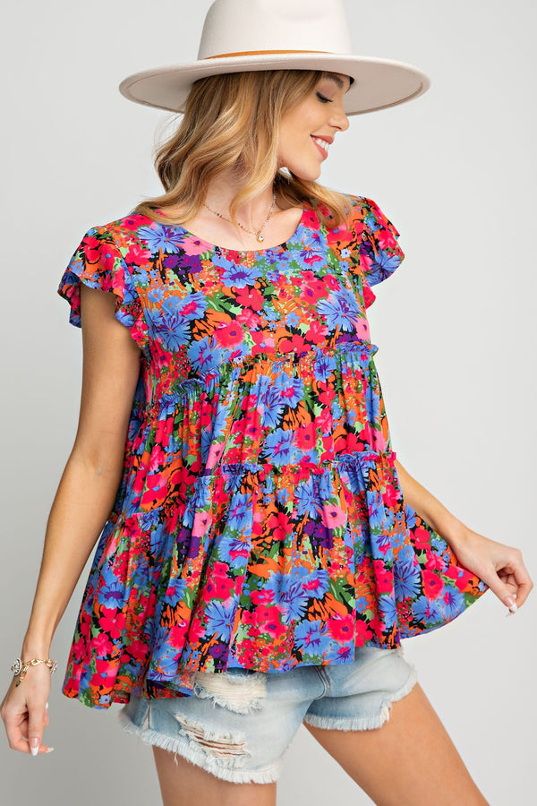 Challis Floral Printed Babydoll Ruffle Top -2 Colors
