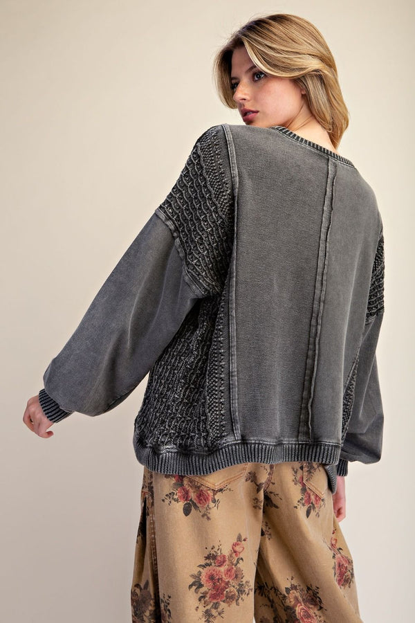 Easel Crochet Mix Washed Terry Knit Pullover - Blush & Cactus