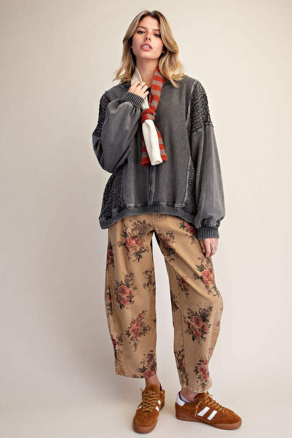 Easel Crochet Mix Washed Terry Knit Pullover - Blush & Cactus